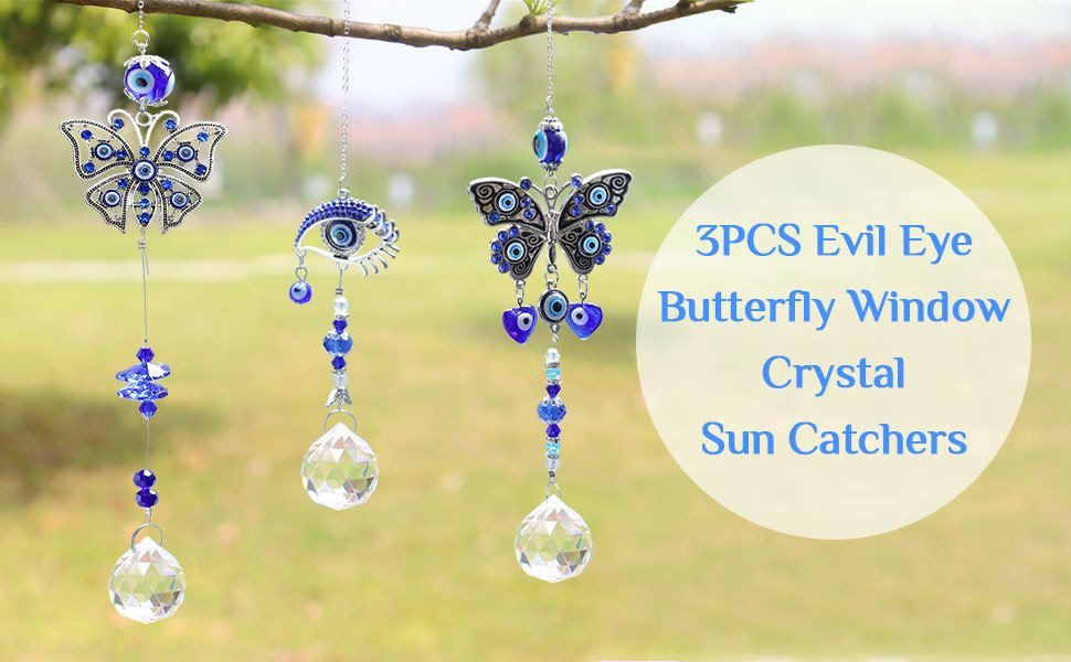 dropship 1pc Blue Butterfly Evil Eye Crystal Sun Catcher - Indoor Window Suncatcher with Prism Ball - Rainbow Maker for Good Luck and Hanging Ornament for Home, Garden, Office, Car - Wedding Pendant