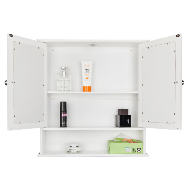 dropship Double Door Mirror Indoor Bathroom Wall Mounted Cabinet Shelf White