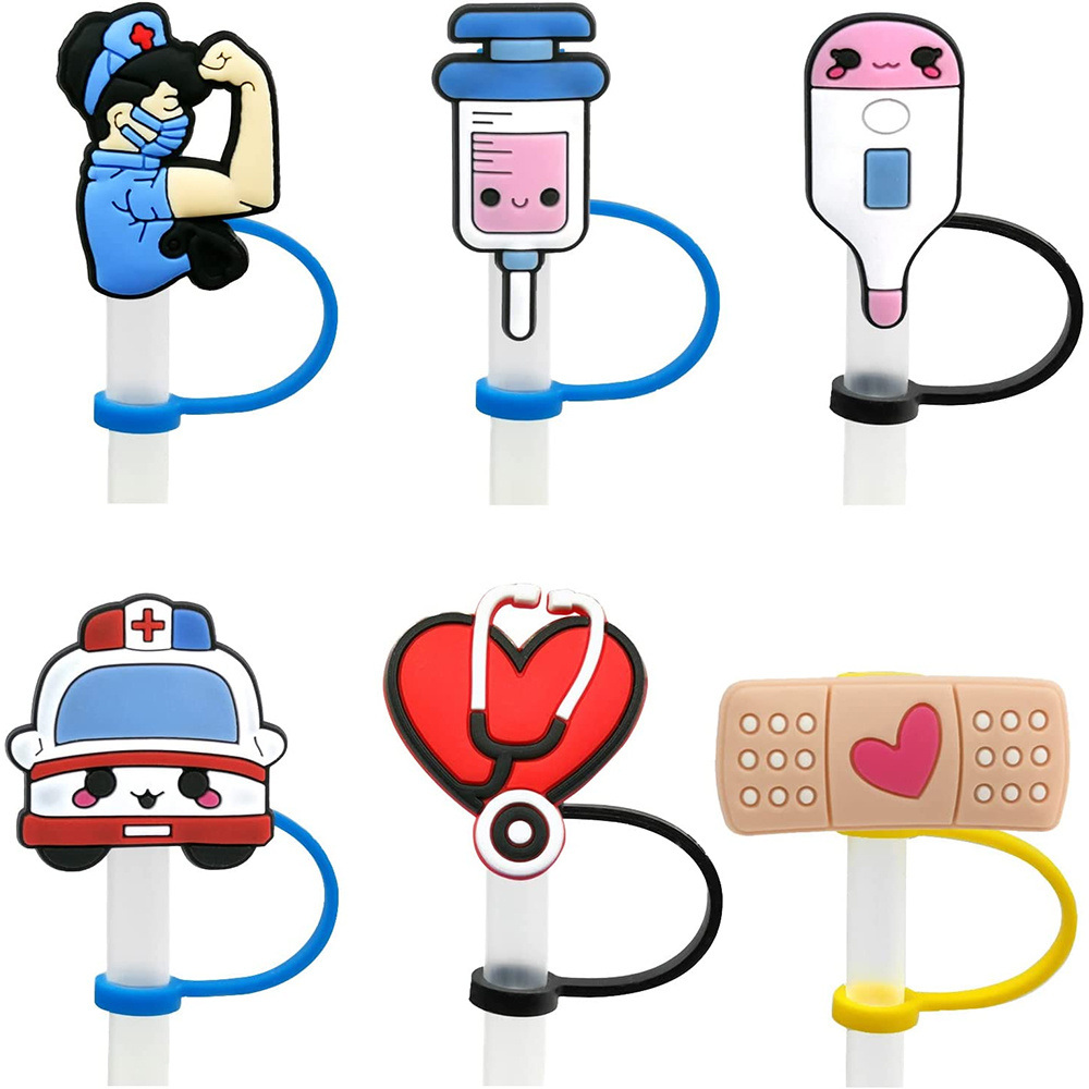 dropship 6pcs Reusable Nurse Theme Straw Covers - Dust-Proof Silicone Tips for 7-8 mm Straws - Easy to Clean and Convenient