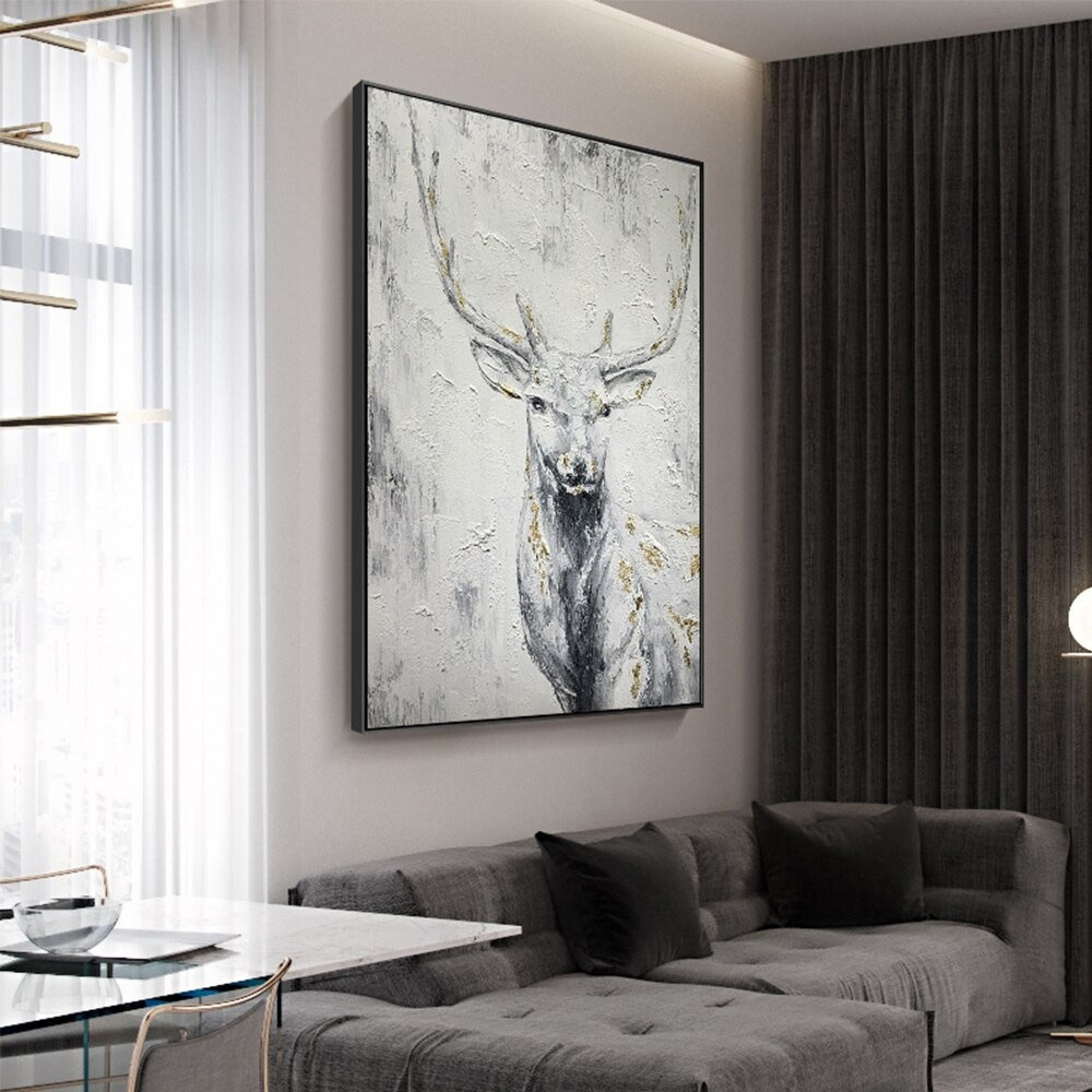 dropship Hand Painted Oil Painting Hand Painted Rich Deer Oil Painting On Canvas Animal Pattern Decorative Painting Classical Porch Mural Handmade Art Living Room Luxurious Decorative Painting