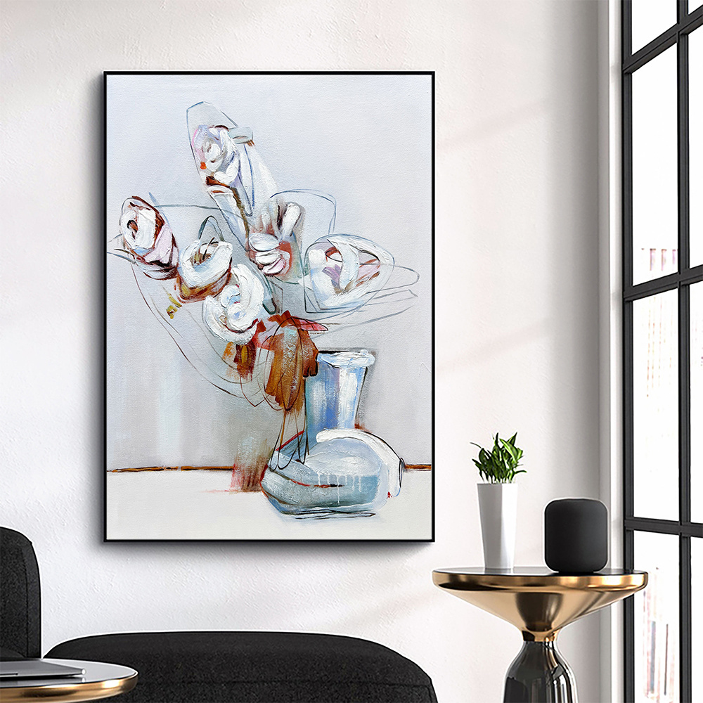 dropship Hand Painted Oil Painting Abstract White Flowers Oil Painting Large Original Floral Canvas Wall Art Modern Living Room Flower Painting Bedroom Decor
