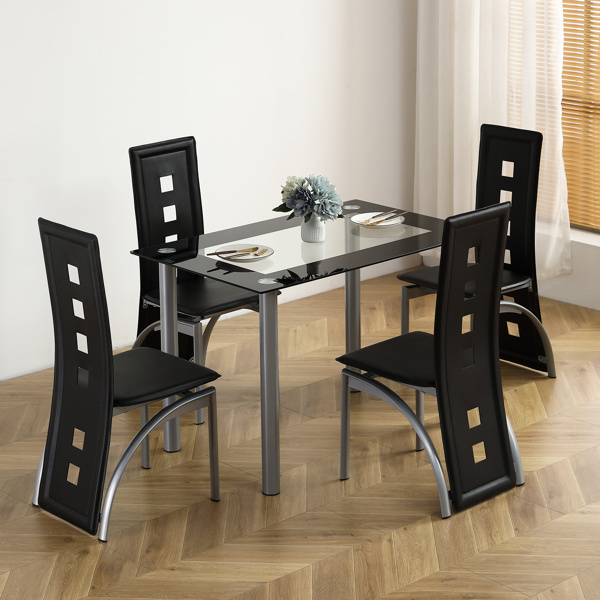 dropship 5 Pieces Dining Table Set for 4, Kitchen Room Tempered Glass Dining Table, 4 Chairs, Black, Table legs are silvery