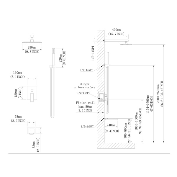 dropship Shower System 10 Inch Square Bathroom Luxury Rain Mixer Shower Combo Set