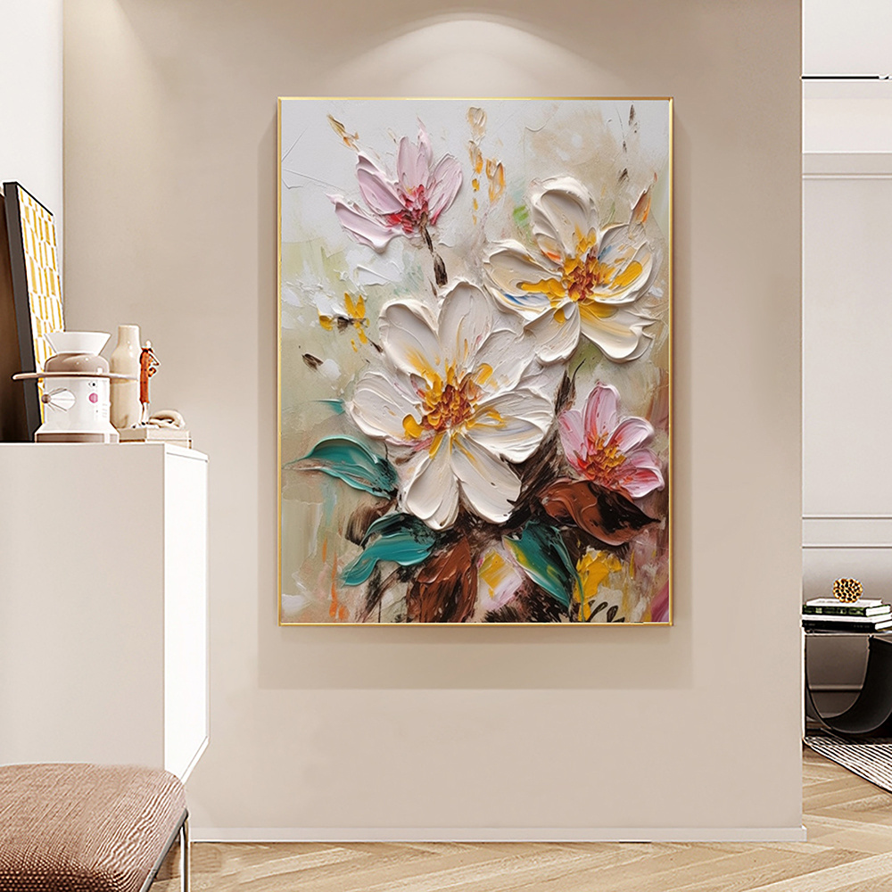 dropship Hand Painted Oil Painting Abstract Blooming Flower Oil Painting Large Wall Art Original Knife Floral Painting Textured Wall Art Boho Art Modern Living Room Decor