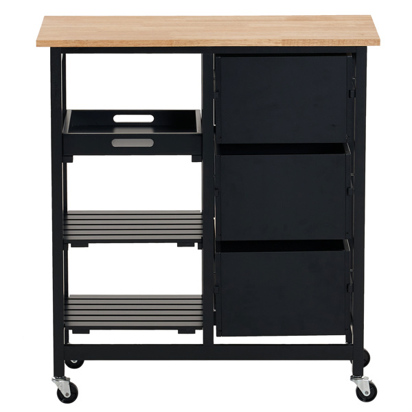 dropship 76*37*84cm Three Drawers Three Layers Bronze Color Handle Rubber Wood Log Color Table Top Black Spray Paint Dining Car