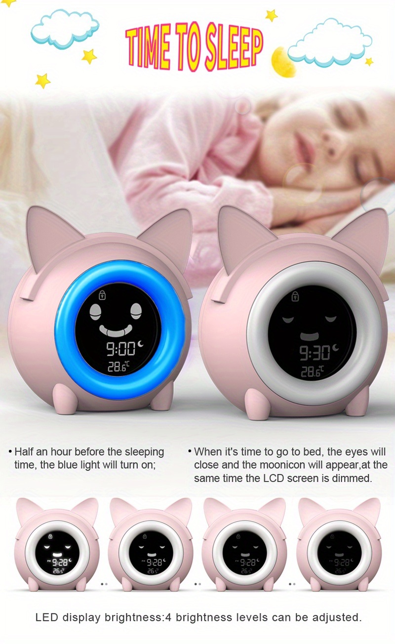 dropship 1pc Sleep Training Clock with Night Light, Sound Machine, Nap Timer, Snooze, Indoor Temperature, and Digital Wake Up Clock for Toddlers - Perfect for Boys and Girls Bedroom - Pink/Blue