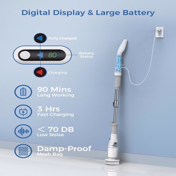dropship VEWIOR Electric Spin Scrubber, Cordless Cleaning Brush with Display and 3 Adjustable Angle 2 Speeds 5 Replaceable Brush Heads, Power Shower Scrubber with Extension Handle for Floor Bathroom Tile Grout