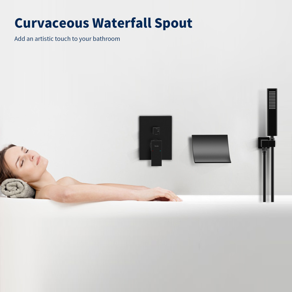 dropship Male NPT Waterfall Shower head with Handheld, Matte Black Bathtub Shower Faucet with High Flow Wall Mount Tub Faucet, Single Handle Bathroom Tub Mixer Tap Hand Shower System with Curved Spout Commerci