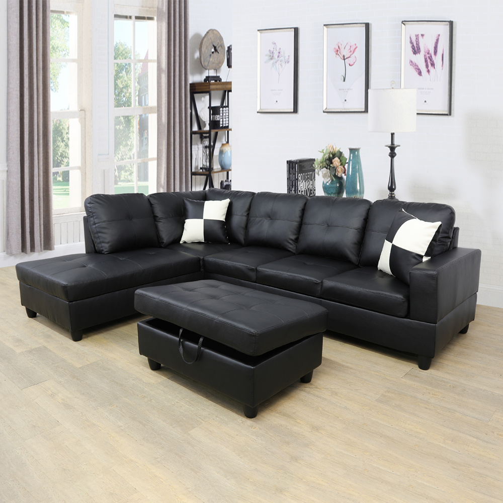 1682329202335265.jpg dropship Black Faux Leather 3-Piece Couch Living Room Sofa Set A