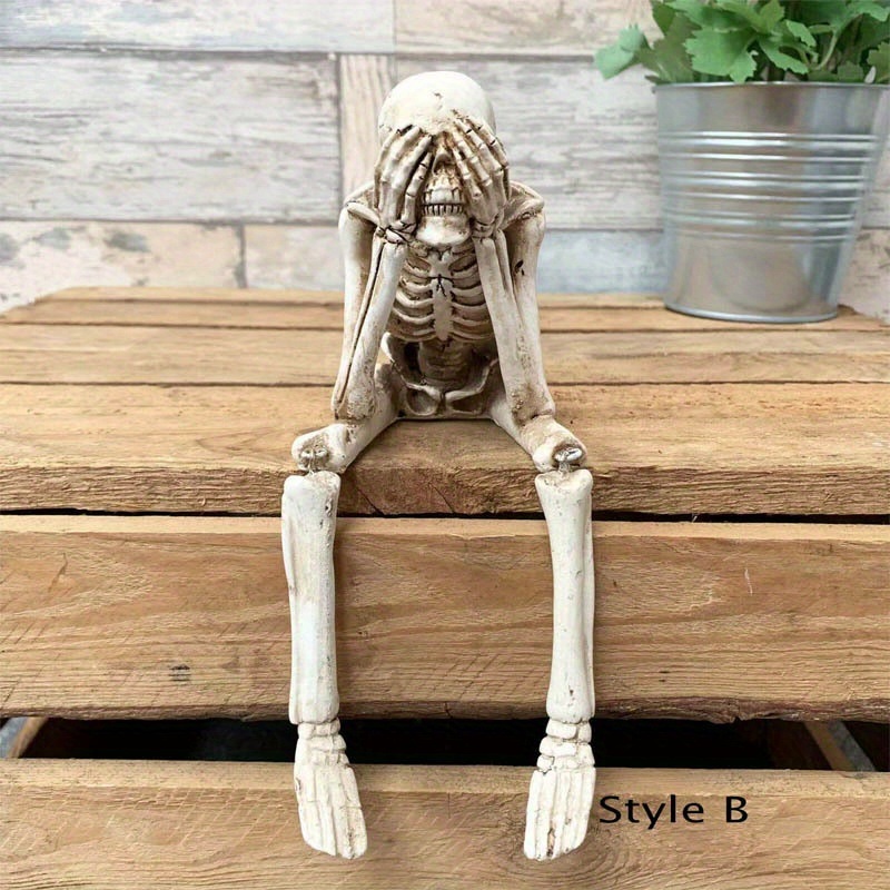 dropship 1pc Skull Statues Set, Resin Skeleton Shelf Sitters Sitting Figurines, For Home Bookshelf Table Ledge Edge Decorative, Crafts Ornaments,Halloween Don't Listen, Don't Look