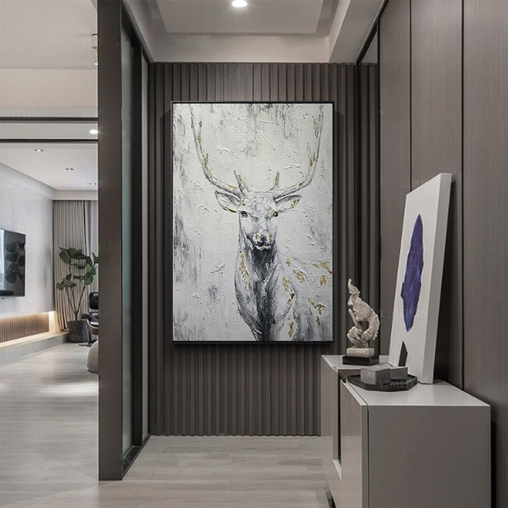 dropship Hand Painted Oil Painting Hand Painted Rich Deer Oil Painting On Canvas Animal Pattern Decorative Painting Classical Porch Mural Handmade Art Living Room Luxurious Decorative Painting