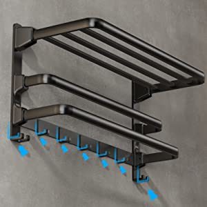 dropship Towel Racks for Bathroom, 24-Inch Towel Shelf with Towel Bar Foldable Towel Holder with 7 Hooks Towel Storage Organizer for Bathroom & Lavatory Wall Mounted