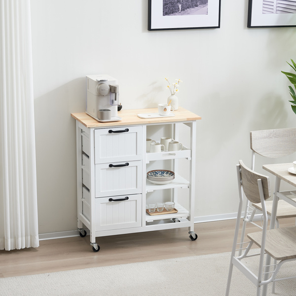 dropship 76*37*84cm Three Drawers Three Layers Black Handle Rubber Wood Log Color Table White Spray Paint Dining Car