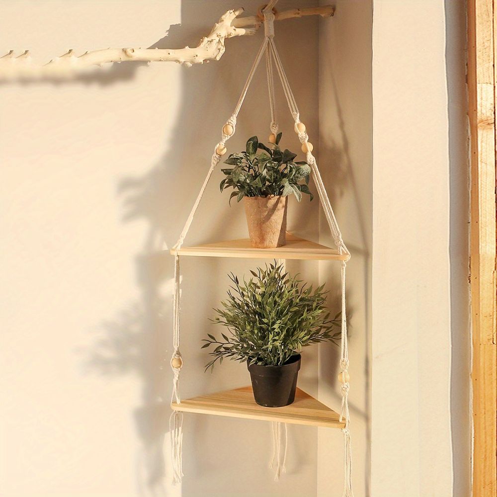 dropship 1pc Handwoven Wooden Triangle Storage Rack for Flower Pots, Pendants, and Room Decor - Stylish and Functional Home Decor