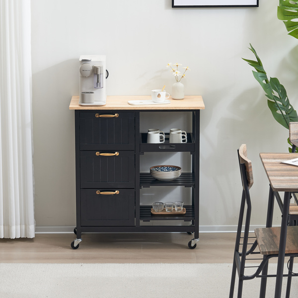 dropship 76*37*84cm Three Drawers Three Layers Bronze Color Handle Rubber Wood Log Color Table Top Black Spray Paint Dining Car
