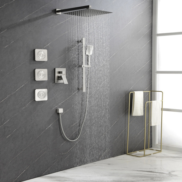 dropship Shower System with Shower Head, Hand Shower, Slide Bar, Bodysprays, Shower Arm, Hose, Valve Trim, and Lever Handles
