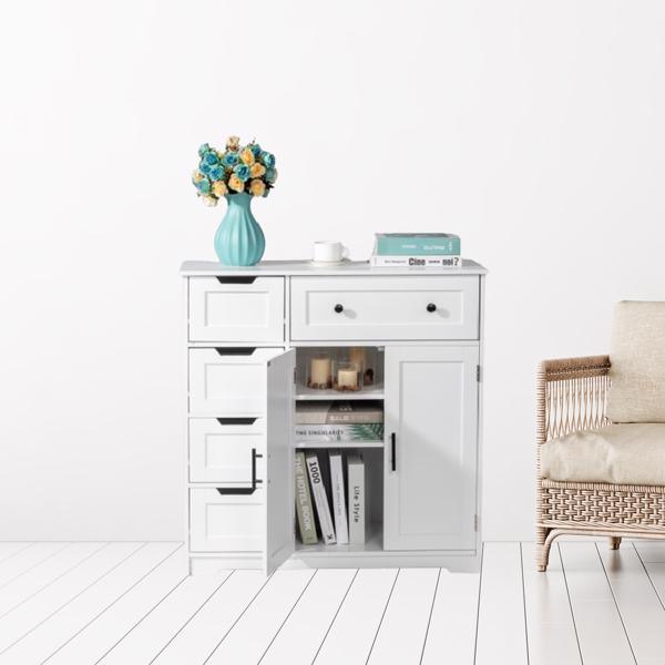 dropship [FCH] Storage Bathroom Cabinet, 2 Doors 5 Drawers Bathroom Cabinet, White
