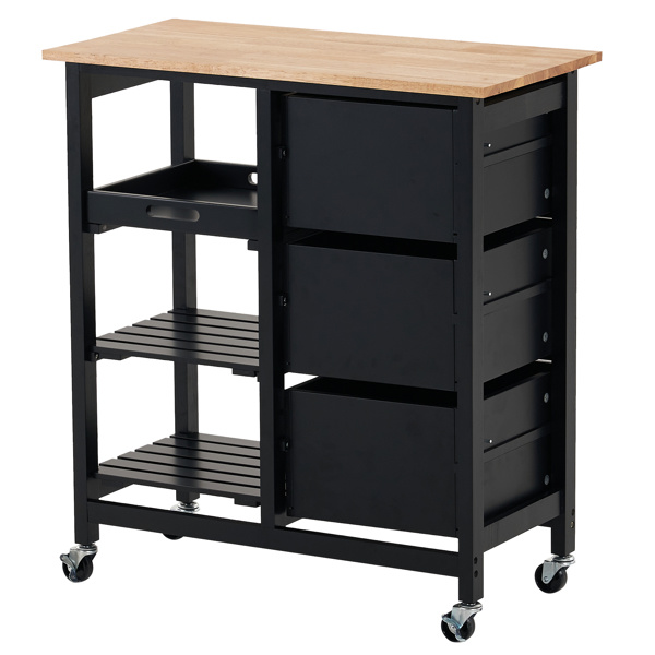 dropship 76*37*84cm Three Drawers Three Layers Bronze Color Handle Rubber Wood Log Color Table Top Black Spray Paint Dining Car