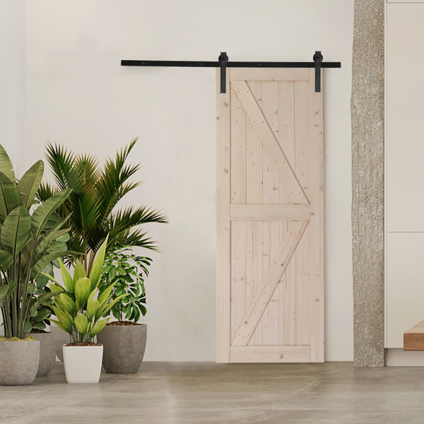 dropship 30 in. x 84 in. Unfinished Sliding Barn Door with 5.5FT Barn Door Hardware Kit & Handle ; K Frame; Solid Spruce Wood; Requires Simple DIY Assembly
