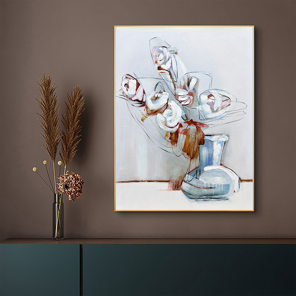 dropship Hand Painted Oil Painting Abstract White Flowers Oil Painting Large Original Floral Canvas Wall Art Modern Living Room Flower Painting Bedroom Decor