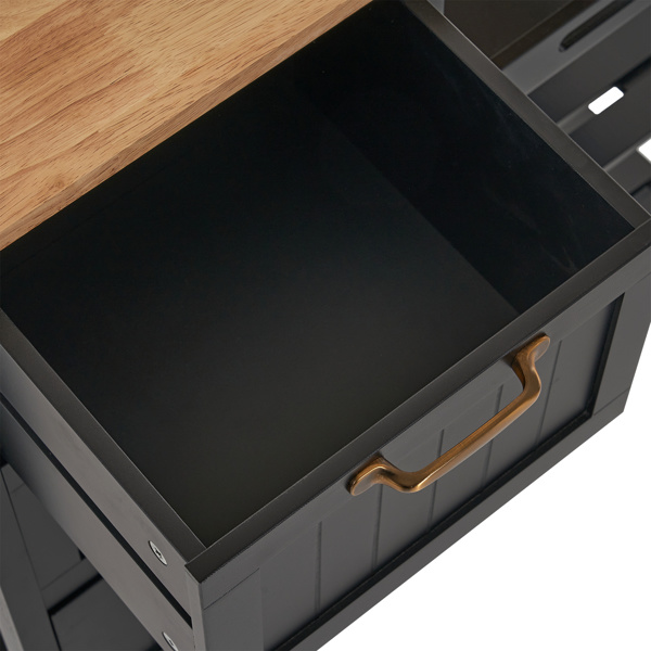 dropship 76*37*84cm Three Drawers Three Layers Bronze Color Handle Rubber Wood Log Color Table Top Black Spray Paint Dining Car