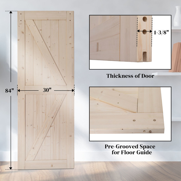 dropship 30 in. x 84 in. Unfinished Sliding Barn Door with 5.5FT Barn Door Hardware Kit & Handle ; K Frame; Solid Spruce Wood; Requires Simple DIY Assembly