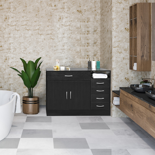 dropship FCH MDF With Triamine Double Doors And Five Drawers Bathroom Cabinet Black