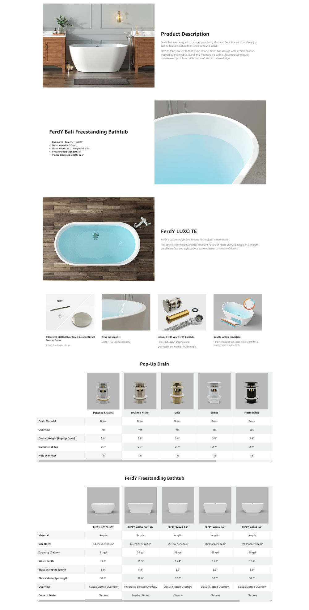 dropship FerdY Bali 55"x28" Freestanding Bathtub, Modern Oval Acrylic Soaking Bathtub with Brushed Nickel Drain, Integrated Slotted Overflow