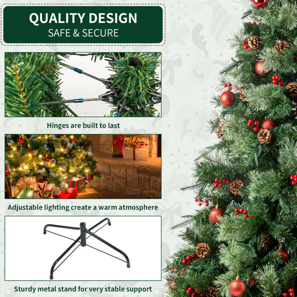 dropship 6.5ft Pre-Lit Artificial Flocked Christmas Tree with 350 LED Lights&1200 Branch Tips,Pine Cones& Berries