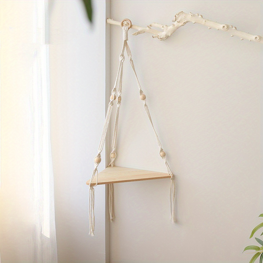 dropship 1pc Handwoven Wooden Triangle Storage Rack for Flower Pots, Pendants, and Room Decor - Stylish and Functional Home Decor