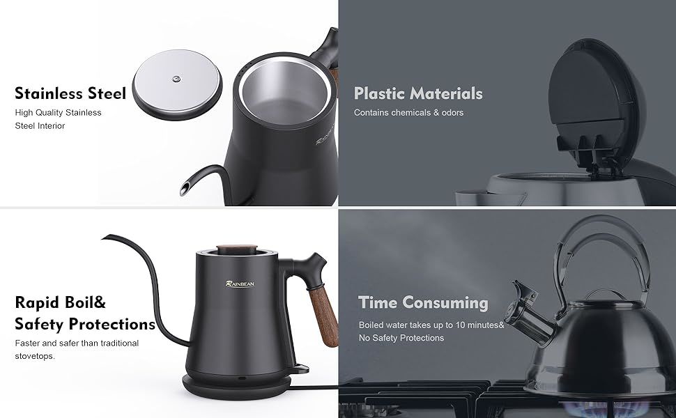 dropship Gooseneck Electric Kettle, Pour Over Coffee Kettle & Tea Kettle, 100% Stainless Steel Inner With Leak Proof Design, 1000w Rapid Heating, Auto Shutoff Anti-dry Protection, 0.8L, Matte Black