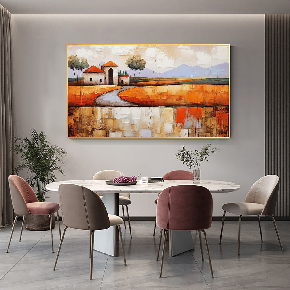 dropship Hand Painted Oil Painting Abstract Village Oil Painting on Canvas Large Wall Art Original Minimalist Orange Landscape Art Custom Painting Boho Living Room Decor