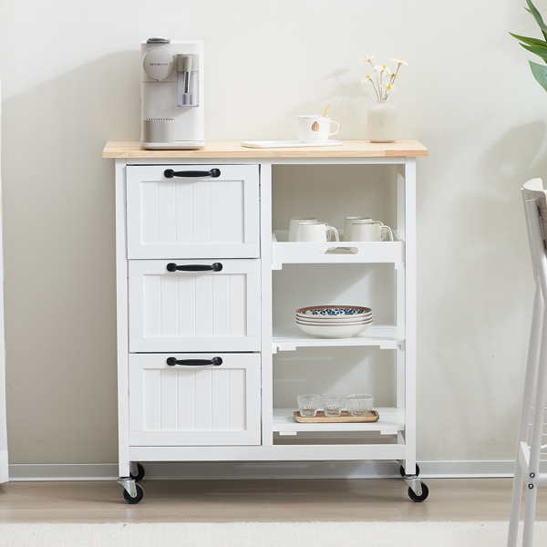 dropship 76*37*84cm Three Drawers Three Layers Black Handle Rubber Wood Log Color Table White Spray Paint Dining Car