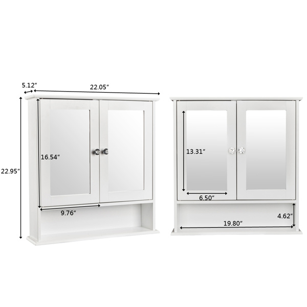 dropship Double Door Mirror Indoor Bathroom Wall Mounted Cabinet Shelf White