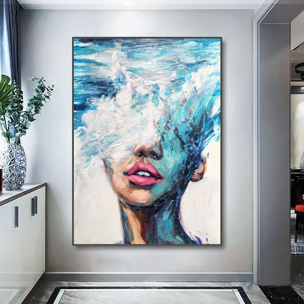 dropship Hand Painted Oil Painting Abstract Portrait Wall Art Hand painted-Nordic Light Blue Girl Oil Paintings On Canvas-Hand Made-For Home Decoration