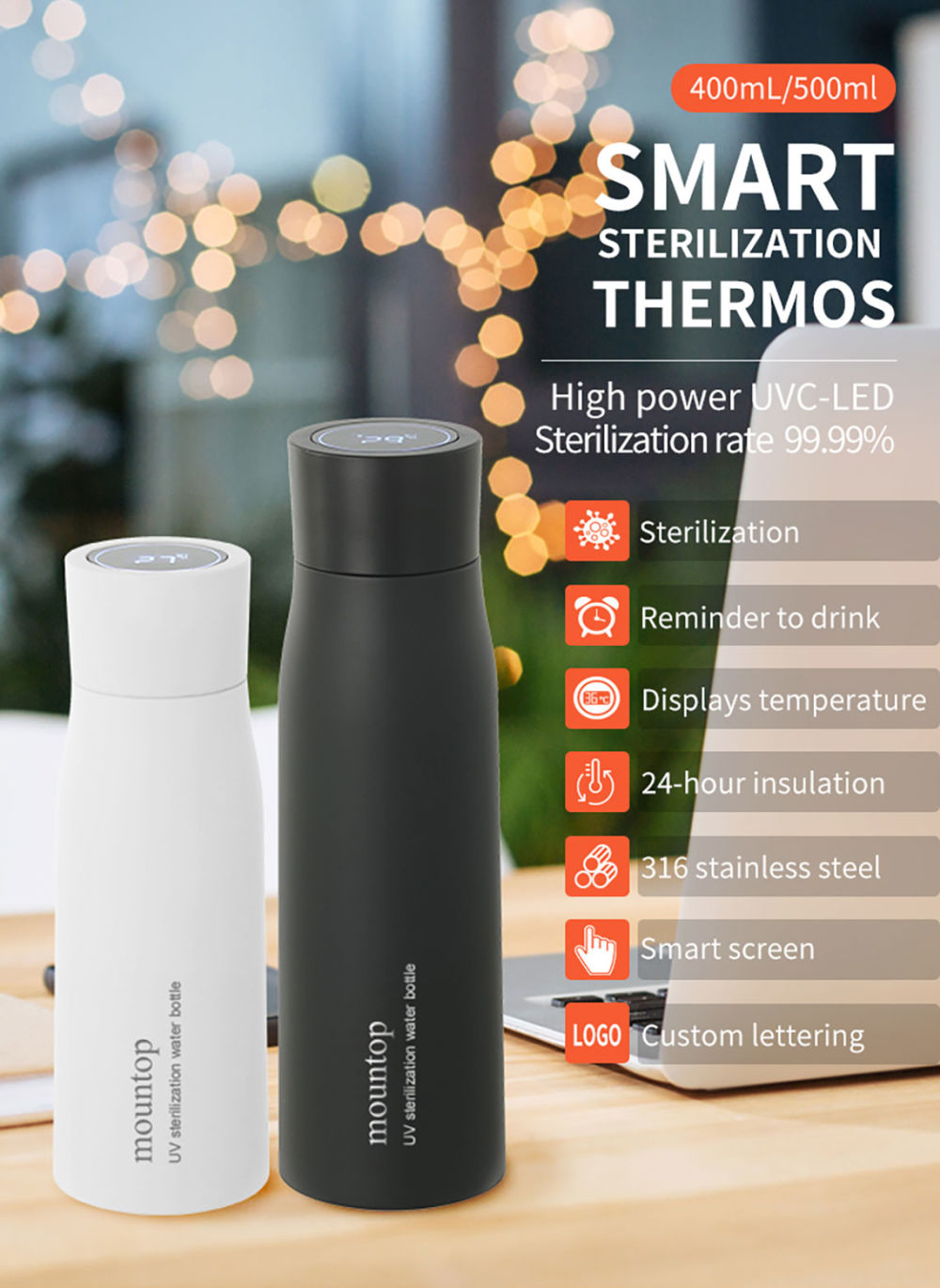 dropship UV Sterilizing Self Cleaning Purifier Water Bottle Insulated LED Temperature Display Flask Bottle