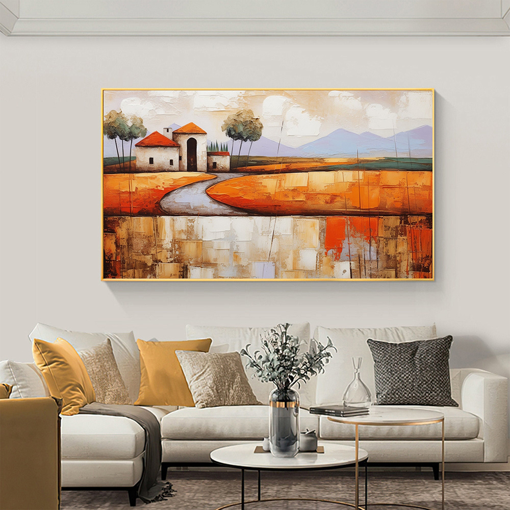 dropship Hand Painted Oil Painting Abstract Village Oil Painting on Canvas Large Wall Art Original Minimalist Orange Landscape Art Custom Painting Boho Living Room Decor