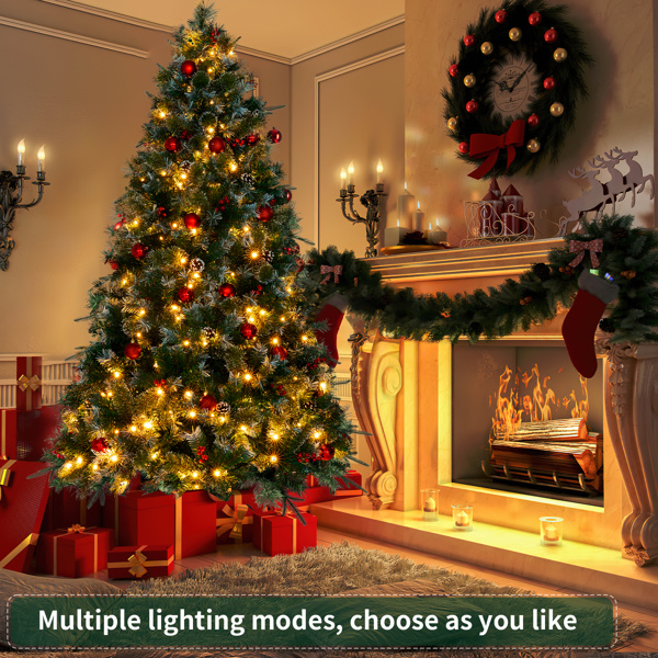dropship 6.5ft Pre-Lit Artificial Flocked Christmas Tree with 350 LED Lights&1200 Branch Tips,Pine Cones& Berries