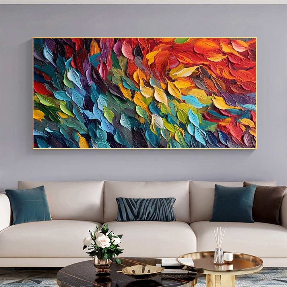 dropship Handmade Oil Painting Original Colorful Feathers Oil Painting On Canvas Large Wall Art Abstract Colorful Painting Custom Painting Living room Home Wall Decorative Painting