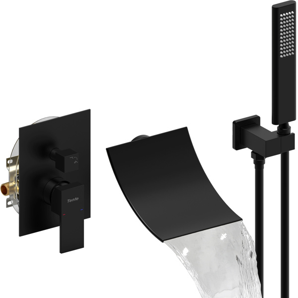 dropship Male NPT Waterfall Shower head with Handheld, Matte Black Bathtub Shower Faucet with High Flow Wall Mount Tub Faucet, Single Handle Bathroom Tub Mixer Tap Hand Shower System with Curved Spout Commerci