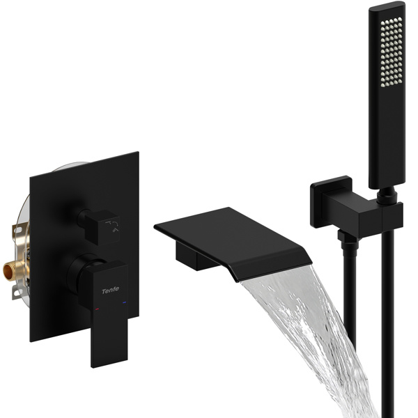 dropship Male NPT Tub Faucet with Hand Shower, Matte Black Waterfall Bathtub Shower Faucet Set, Wall Mount Tub Shower System with Solid Brass Rough-in Valve Shower Trim Kit