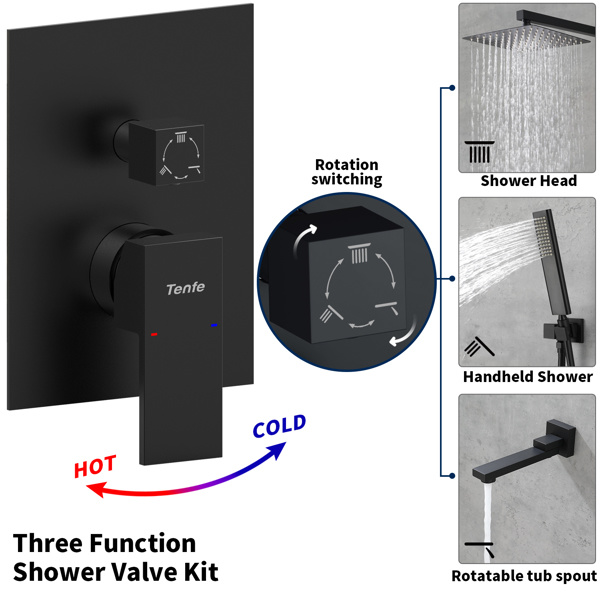 dropship Male NPT Matte Black Shower System, 12 Inch Shower Fixtures Rain Shower Head with Handheld Shower Spray, Wall Mount Shower Faucet Set for Bathroom(Pressure Balance Shower Trim Valve Kit Included)