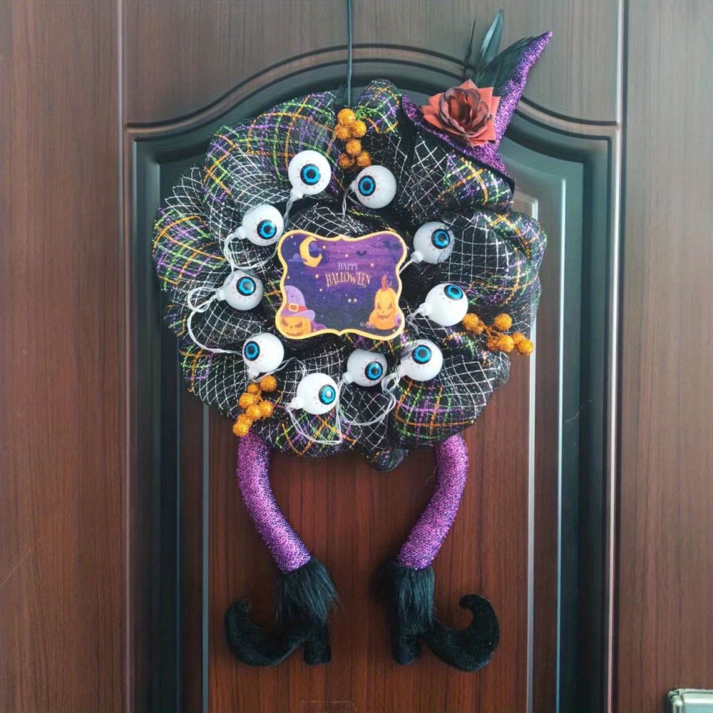 dropship 1pc Halloween Purple Wreath With Eye Beads Witch Hat & Leg Wreath Glow LED