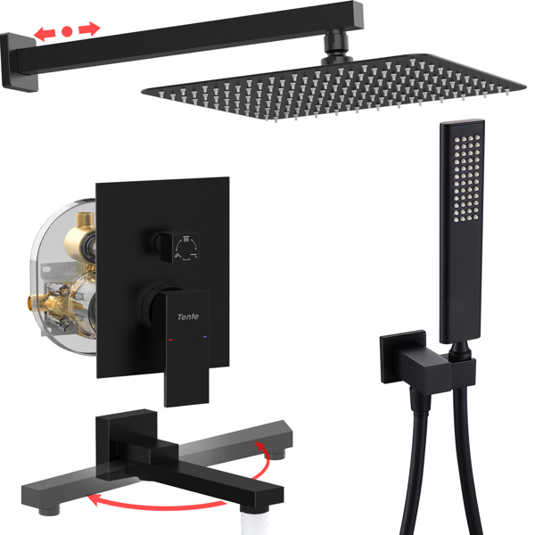 dropship Male NPT Matte Black Shower System, 12 Inch Shower Fixtures Rain Shower Head with Handheld Shower Spray, Wall Mount Shower Faucet Set for Bathroom(Pressure Balance Shower Trim Valve Kit Included)