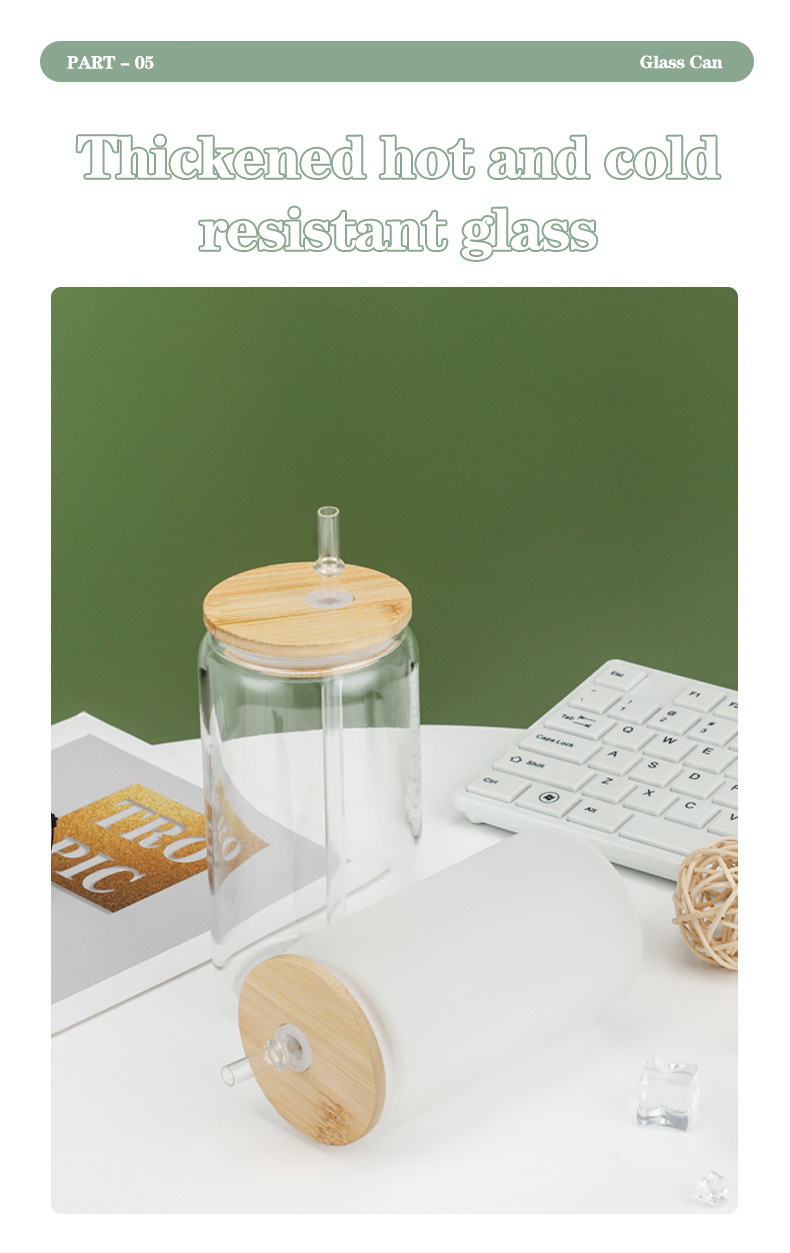 dropship 25PCS US stocked 16oz Sublimation Beer Can Shaped Glass Can with Bamboo Lid and Straw