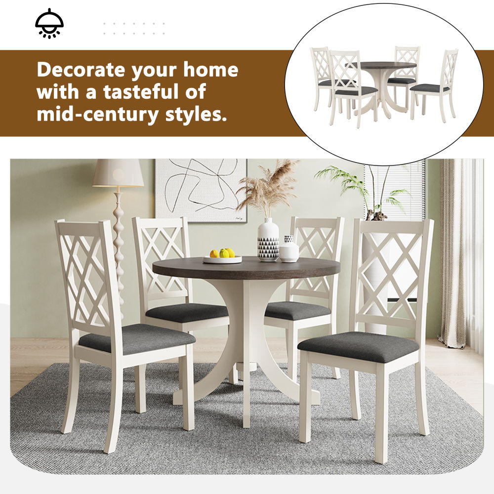 dropship TOPMAX Mid-Century Solid Wood 5-Piece Round Dining Table Set, Kitchen Table Set with Upholstered Chairs for Small Places, Brown Table+Gray Chair