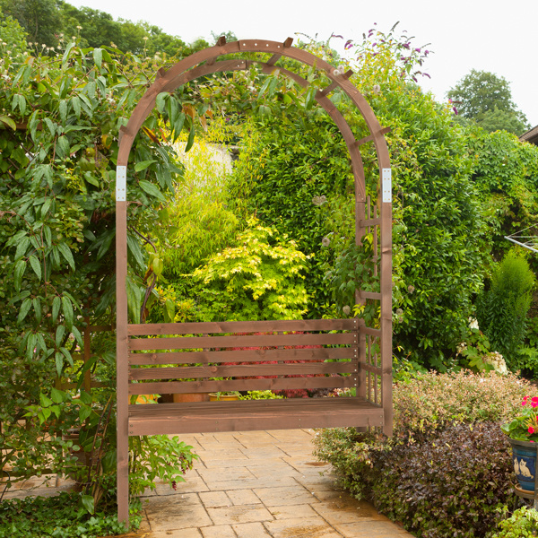 dropship 6.8FT Wooden Arch with Bench for 2 People, Garden Arbor Trellis for Climbing Plant, Outdoor Garden Lawn Backyard Patio Decor, Dark Brown