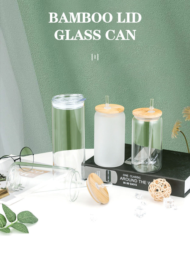 dropship 25PCS US stocked 16oz Sublimation Beer Can Shaped Glass Can with Bamboo Lid and Straw