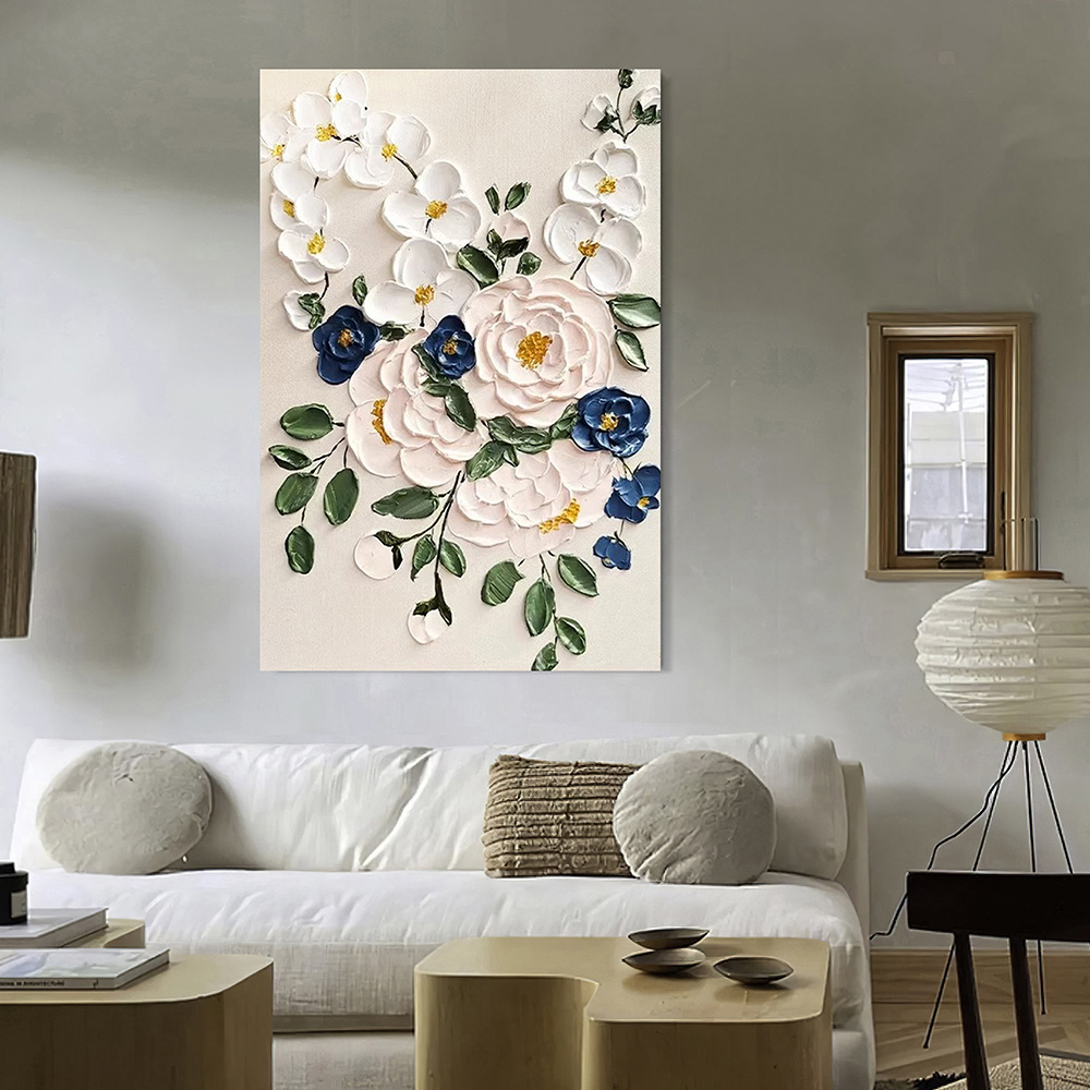 dropship Hand Painted Oil Paintings Large Original Oil Painting White Flower Decor Abstract Wall Art Hand Paint Palette Knife Painting Heavy Textured Painting Living Room Art