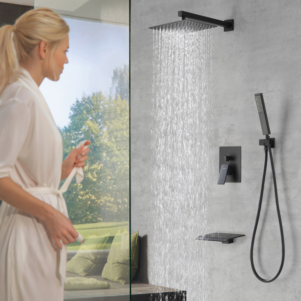 dropship Male NPT Bathtub Shower Faucet Set, Waterfall Tub Faucet with 12-Inch Matte Black Rain Shower Head System